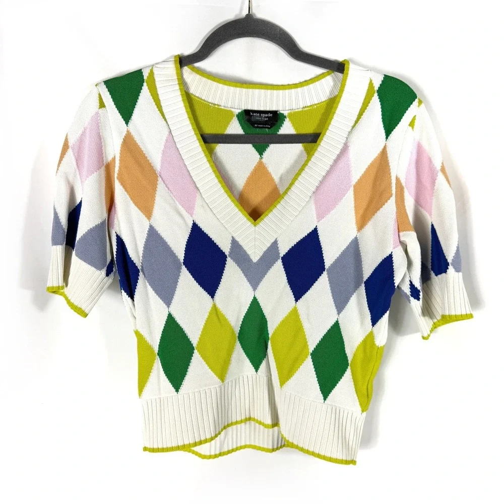 Kate Spade Sprint Argyle Sweater Ivory V-Neck Short Sleeve Top Women Sz S
